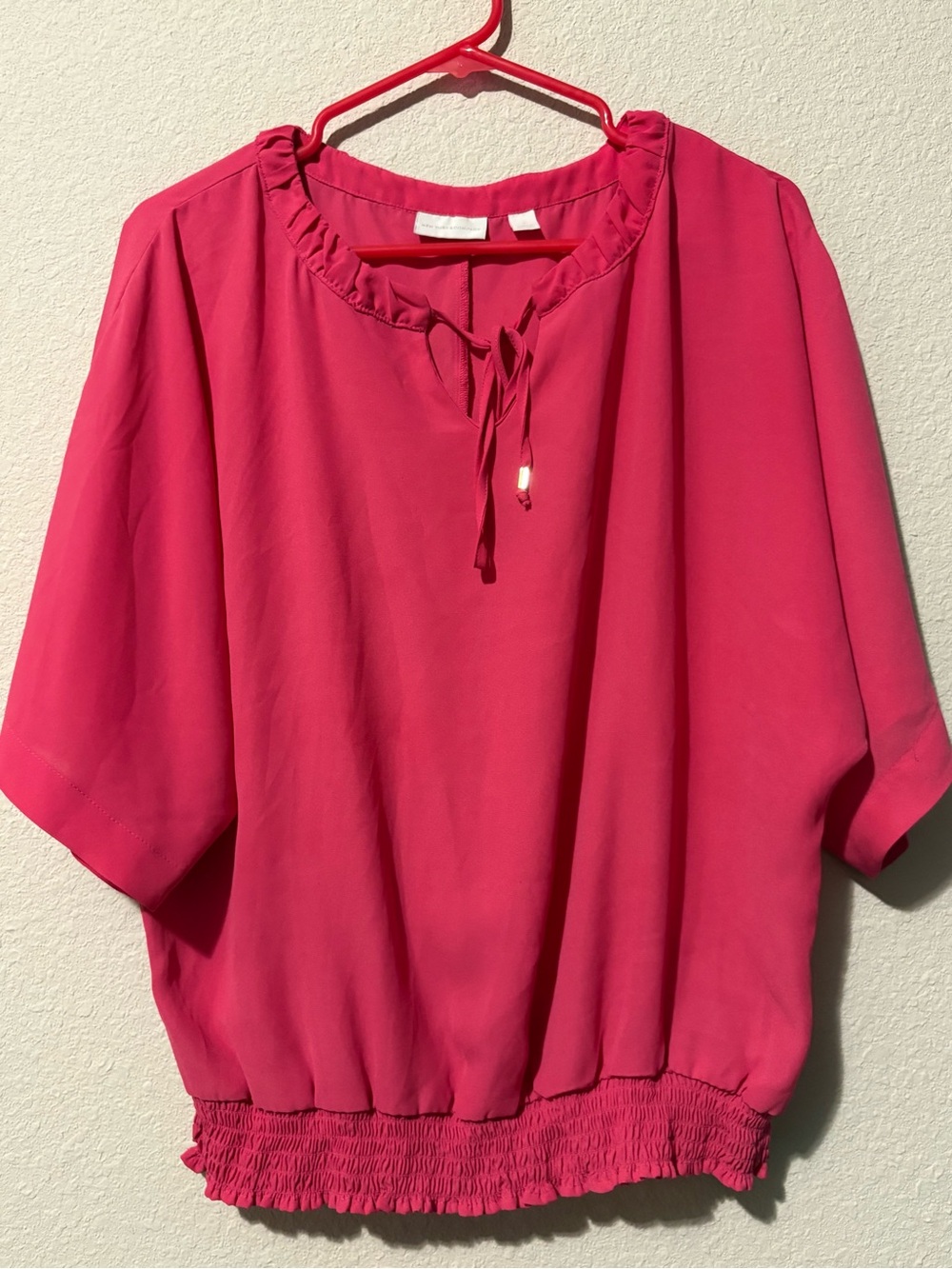 New York & Company Hot Pink Ruffled Tie-Neck Blouse